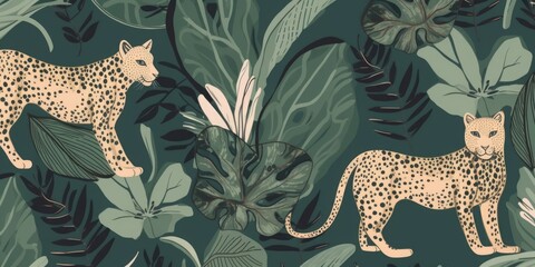 Hand drawn abstract jungle pattern with leopards. Creative collage contemporary seamless pattern. Natural colors. Fashionable template for design, Generative AI