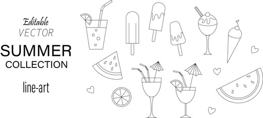 Set of cute summer icons. Hand drawn vector illustration. Ice cream, lime, drinks, food, eskimo, cocktail. Summer collection.