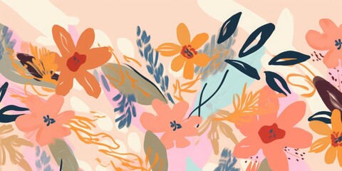 Hand drawn artistic abstract flowers and leaves print. Cute modern style pattern. Fashionable template for design, Generative AI