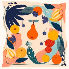 Scarf modern design with colorful cute fruits illustration. Cartoon abstract style design, Generative AI