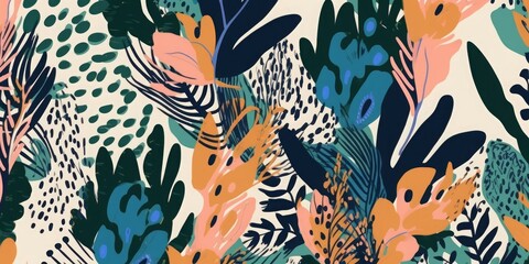 Modern abstract exotic plants pattern. Collage contemporary seamless pattern. Hand drawn ethnic style pattern, Generative AI