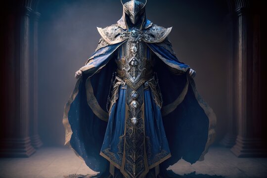 The king sorcerer wearing ornate blue and silver armour with a robe