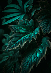 Nature texture background of green leaf and palms. Flat lay image. Dark nature. Tropical nature background. Generative AI.