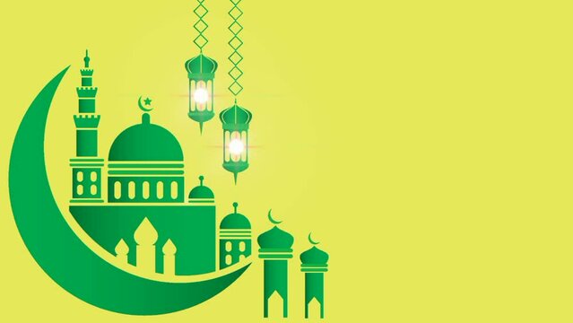Animated mosque and moon background with glowing lights on a yellow screen. suitable for use on Islamic Eid days