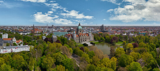 Aerial view showing historic townhall of Hanover City, Germany - obrazy, fototapety, plakaty