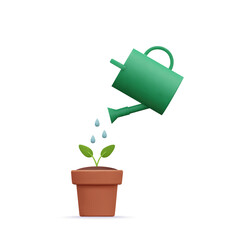 3d vector cartoon icon illustration of green water can watering small green plant in a clay brown pot.  Plant in pot, watering can and water drop. Gardening tools, agricultural implementIsolated on wh