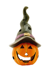 Small happy pumpkin decoration with black witch hat and copy space isolated png file