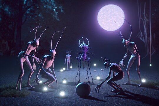 Quirky elf-like creatures performing a ritual under a full moon, fantasy
