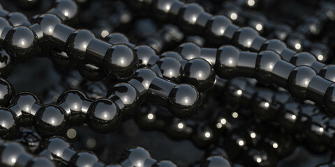 Illustration of a 3D rendered close-up view of multiple black spheres 3d render