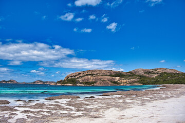 Beach, eroded granite cliffs and turquoise sea at Lucky Bay in Cape Le Grand National Park, Western Australia, 