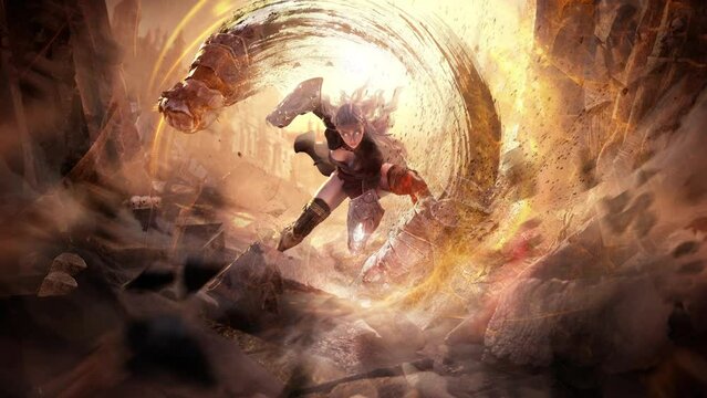 An enraged girl martial artist summons magic hands fists and resolutely smashes the floor in the sinister Gothic ruins causing an earthquake and destroying everything. clean looped 2d animated art