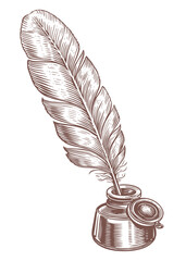 Feather with ink. Inkwell and quill dip pen in vintage engraving style. Hand drawn sketch vector illustration