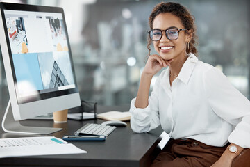 Woman at desk, computer screen with web design, portrait and website layout at digital marketing agency. Female creative with smile, working with technology and SEO with research at startup company