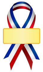 The red, white, & blue ribbon symbolizes American patriotism, 9/11 remembrance, military support. Also Used in Omaha after the Millard South High School shooting. 
