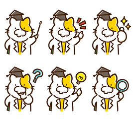 色々なポーズをする博士ねこのかわいいイラストセット