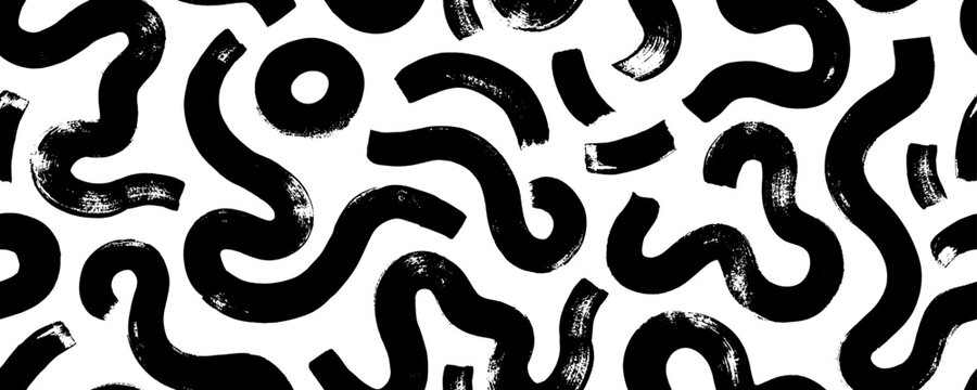 Squiggles with circles seamless pattern. Brush drawn bold curved lines, waves and swirls. Abstract geometric background with organic bold lines. Creative childish scribble backdrop, doodles.