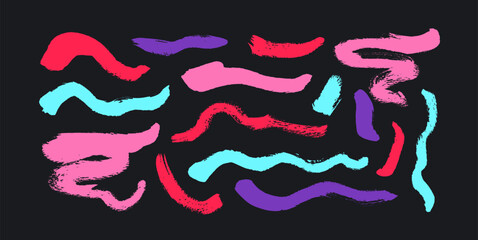 Colored paint wavy brush strokes vector collection. Curved bold brush strokes and thick colorful lines. Modern grunge rough lines on black background. Calligraphy vector smears. Black paint wavy smear