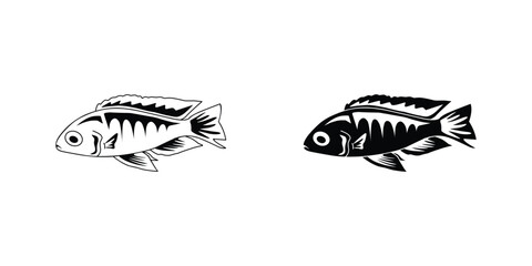 black and white cichlid fish silhouette flat icon. isolated on white background. animal, sea, fish, fishing, cichlid, aquarium, pet, decorative fish, freshwater, sticker, clipart, vector illustration