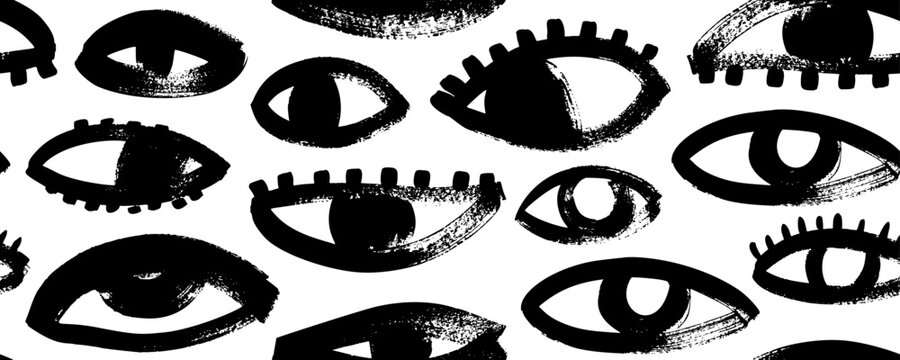 Brush drawn eyes seamless pattern. Hand drawn vector ornament with various opened eyes. Modern hipster style, primitive or naive drawing. Cartoon seamless pattern with parts of faces.