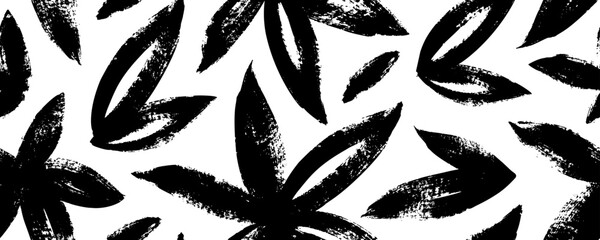 Seamless pattern with cannabis leaves. Brush drawn marijuana leaves, hemp motif seamless pattern. Vector cannabis background. Natural organic ornament with black branches, botanical elements. - obrazy, fototapety, plakaty