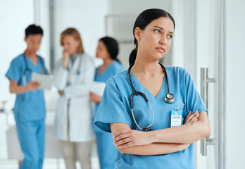 Woman thinking, stress or sad nurse with burnout, anxiety or problem worried by medical emergency....