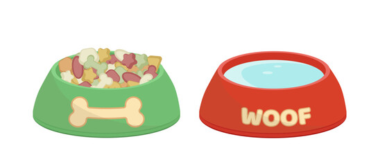 Pair of dog bowls with dry food and water. Dog bowl. Cartoon, flat, vector