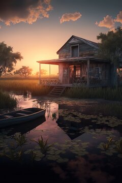 A beautiful sunset by a cajun swamp, with a shack and a boat