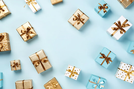 gold and blue Christmas presents on a light blue background flat lay created with AI generative technology