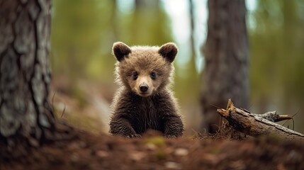 Cute baby bear in the forest. 