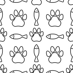 Outlines of paw prints and fish on seamless pattern. Black and white background. Vector
