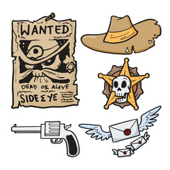 Vector illustration western cowboy item collection set in hand drawn cartoon style