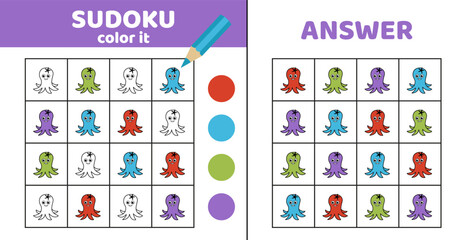 Sudoku. Octopus. Coloring sudoku with cute octopus Cartoon