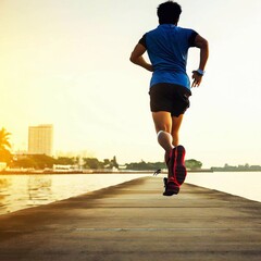 Fototapeta premium A man running down the street sport back view Generative AI