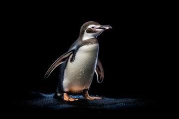 Naklejka premium Penguin standing tall against a black background. Elegant posture and charming demeanor. Generative AI.