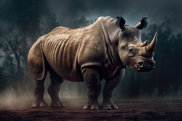 Obraz premium Rhino in its natural habitat. Power and presence of the majestic rhino in its natural habitat. Generetave AI