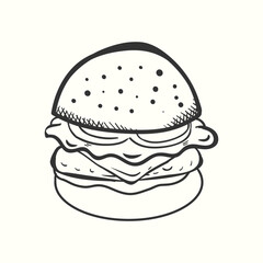 Hand-drawn burger with tomato cheese meat and salad in sketch vintage style