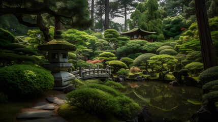 Obraz premium 夏の日本庭園の幻想的な美しさ No.008 | The Melody of a Deep Green Garden Generative AI