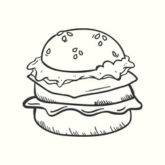 hand drawn burger illustration in retro vintage style.