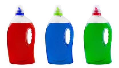 Green , red and blue liquid soap or detergent in a plastic bottle