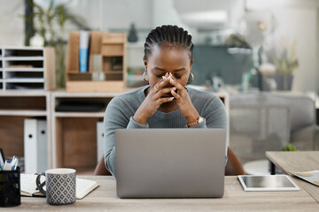 Business woman, laptop and headache in burnout, stress or depression in doubt, fail or mistake at office. Frustrated African female person or employee in anxiety or mental health problem at workplace - obrazy, fototapety, plakaty