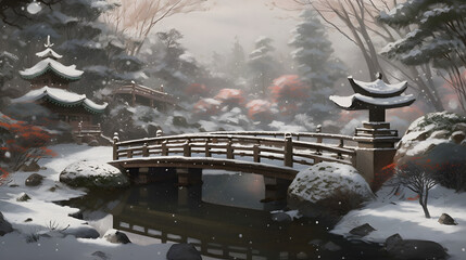 Fototapeta na wymiar 冬の日本庭園の幻想的な美しさ No.001 | Enchanting Beauty of a Japanese Garden in Winter Generative AI