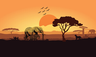 Fototapeta na wymiar Africa Safari Savanna landscape illustration with animals, Elephant and her child walking in forest 