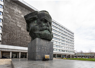 Giant bust of Karl Marx with panel on house wall, Chemnitz Germany