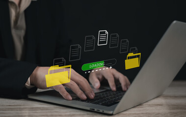 Encryption with file transfer concept : Business man use laptop for remote and download or upload folder document picture by internet connection with full access to remote files..	