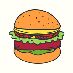Cute hand-drawn burger with tomato salad and meat. Burger illustration
