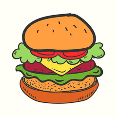 A big hand-drawn burger illustration with meat, salad and cheese