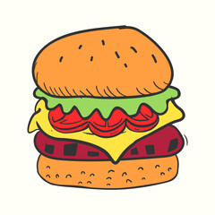 Hand-drawn burger illustration with tomato cheese meat and salad in sketch vintage style