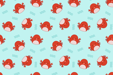 Blue pattern with cute crabs. Squishmallow. Background with crabs. Kawaii, vector