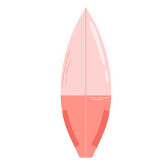 Pink short water board. Surfboard for swimming, above view. Summer extreme sport implements. Flat vector illustration isolated on white background.