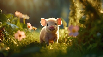 Cute little piglet on the meadow. Generative AI.  - obrazy, fototapety, plakaty